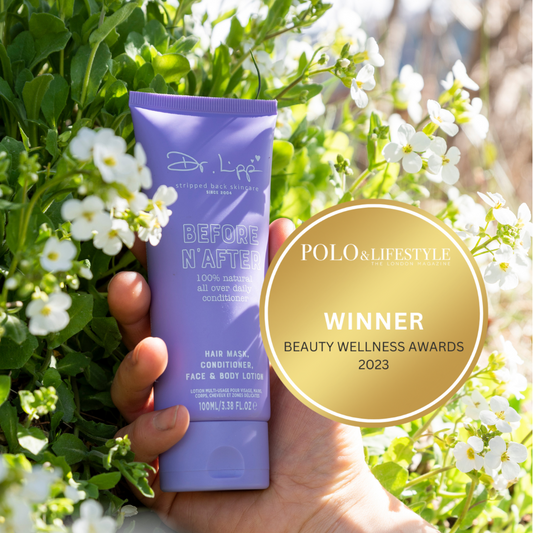 Hand holding Dr.Lipp 100% natural Before N'After with winning gold logo