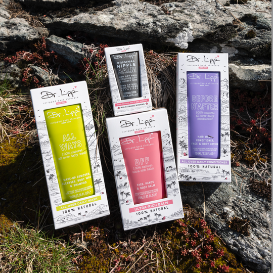 4 Dr.Lipp Skincare products packaged sitting on rock