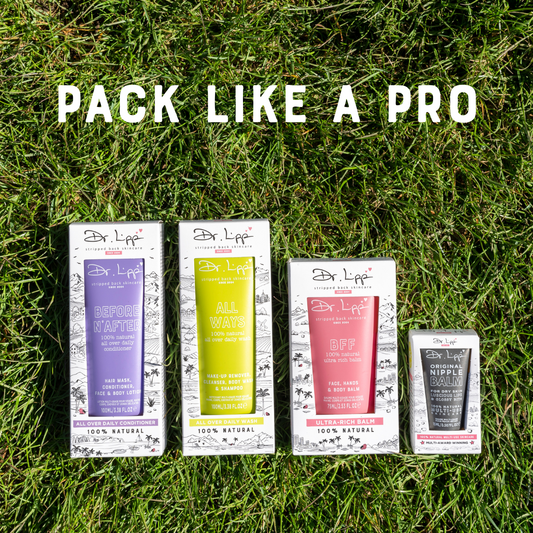All 4 products (Allways, BFF, Before N'After, Original Nipple Balm) from All You Need Bundle on grass with text 'Pack like a pro'