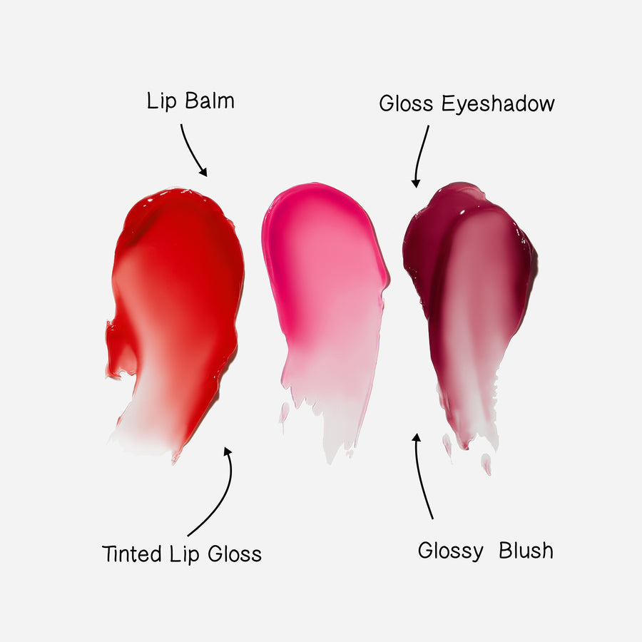 Dr.Lipp Superfood Tint 3 Pack uses - lip balm, gloss eyeshadow, glossy blush, tinted lip gloss