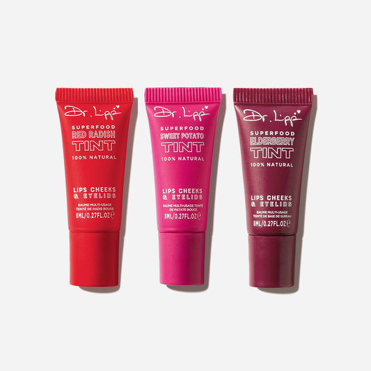 Dr.Lipp Superfood Tint 3 Pack. 100% natural tints for lips, cheeks, and eyelids