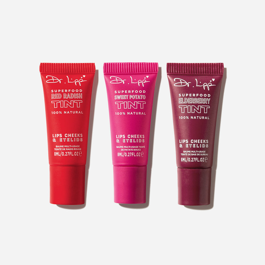Dr.Lipp Superfood Tint 3 Pack. 100% natural tints for lips, cheeks, and eyelids
